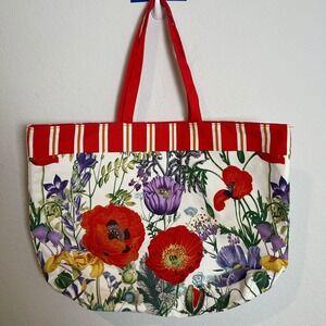 Estee Lauder‎ Floral Tote Bag Red Striped Handles Large Travel Beach